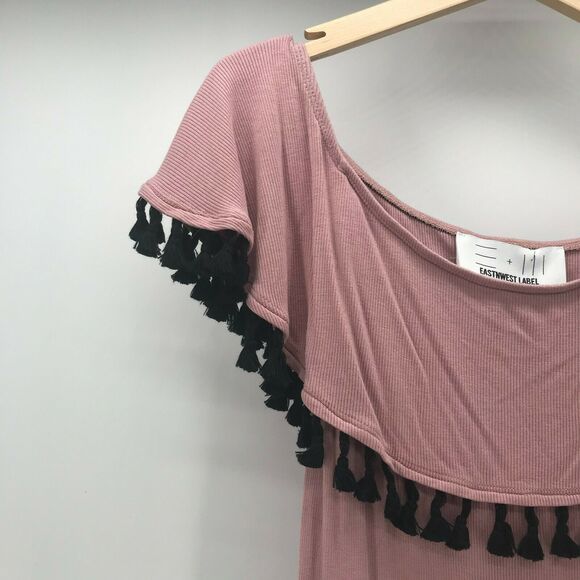 Eastnwest Label Dress Womens 2 Ribbed Pink Knit Black Pom Fringe Off Shoulder - Picture 4 of 6